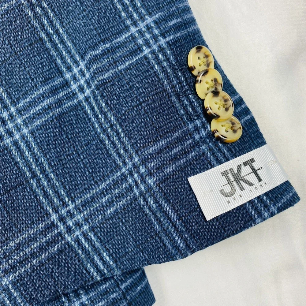 JKT New York Blue Windowpane Checked Cotton Seersucker Blazer Size 36R NWT